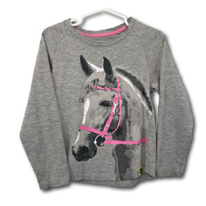 John Deer Kids Shirt Long Sleeve Horse Head Gray Pink Size 4 Equestrian Western